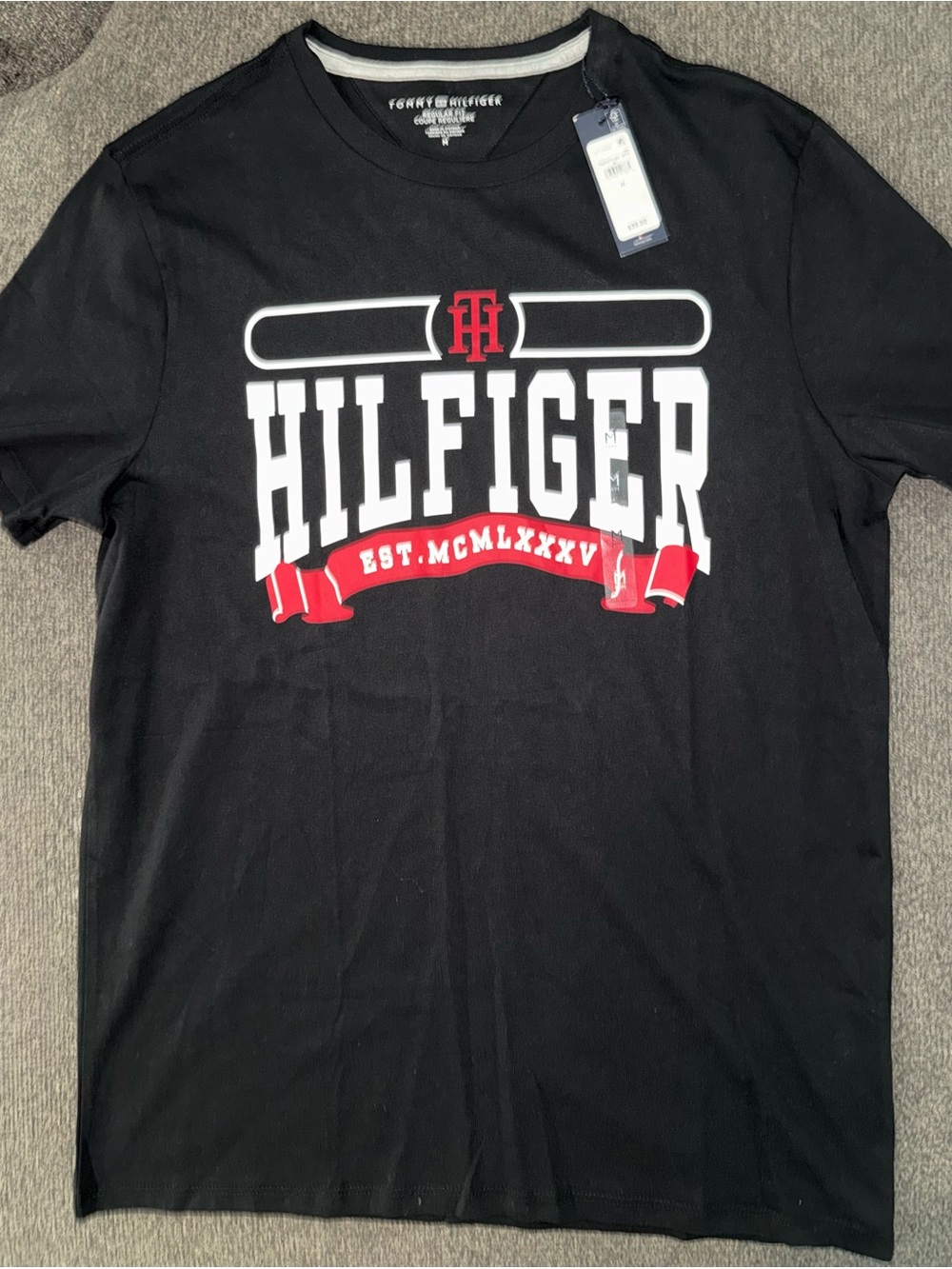 Tommy Hilfiger Black Short-Sleeve Logo Tee with Red & White Accents